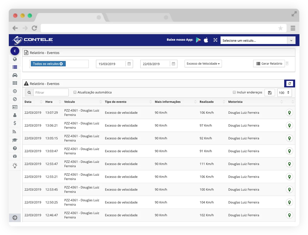 Relatórios on-line do veículo